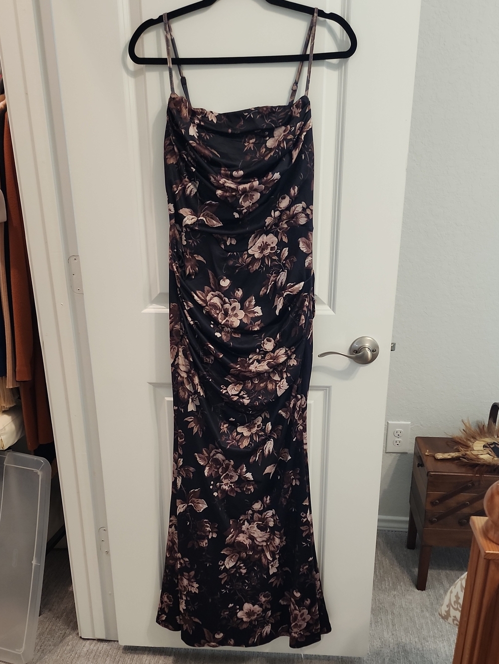Black Floral Cowl Maxi Dress with Blush Accents Medium